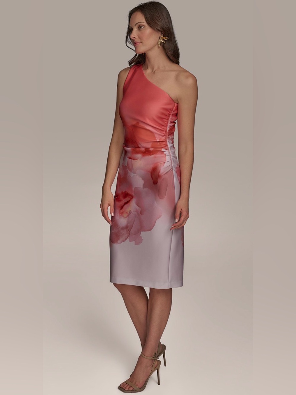 Donna Karan Floral One shoulder Midi Dress Cream and Coral Peach — NWT! Size 10 - Picture 3 of 6